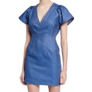 Derek Lam 10 Crosby V Neck Cotton Linen Mini Dress Short Sleeve Raw Edge Size‎ 6